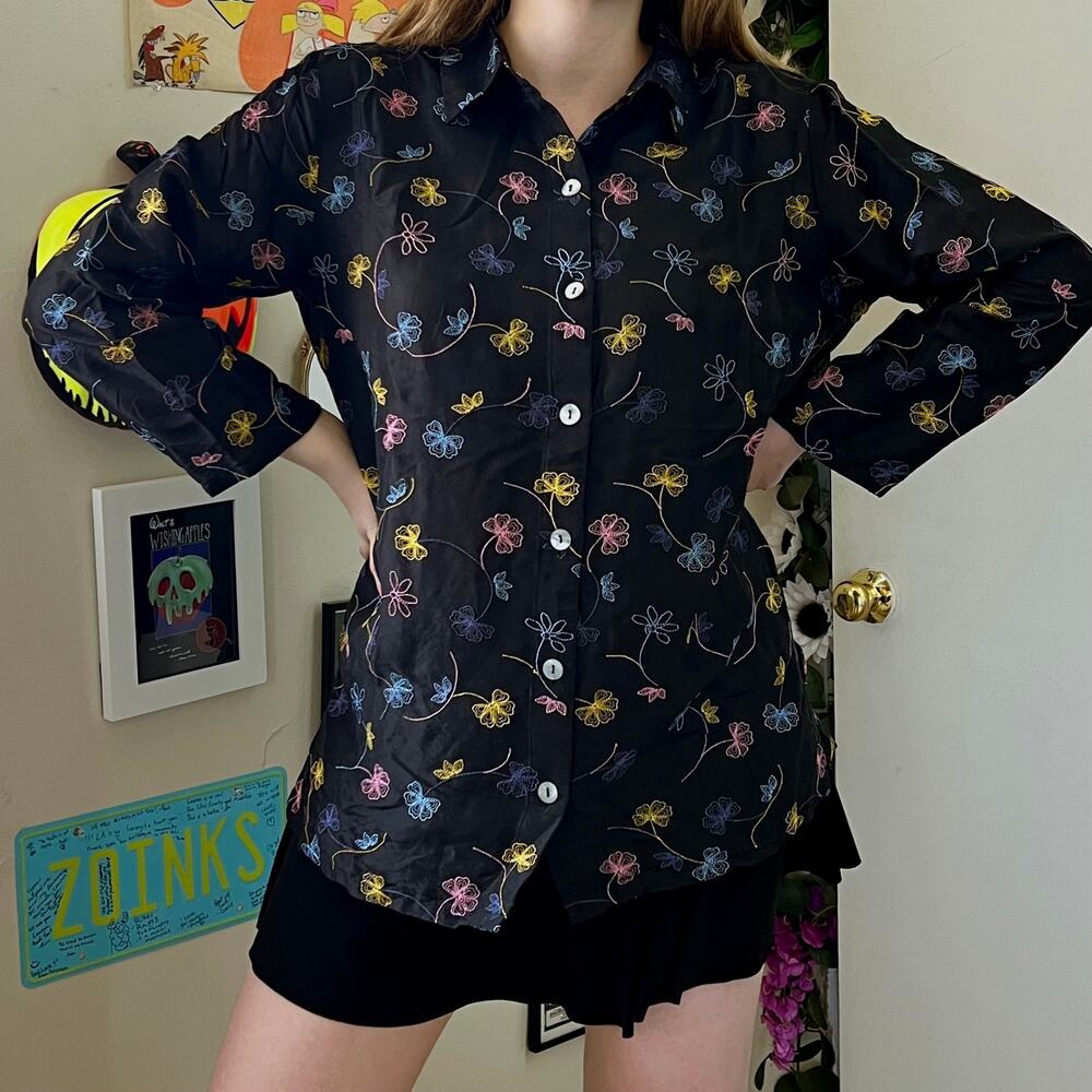 Vintage Y2K Harris Wallace Silk Blouse Women's Size Large Black Floral